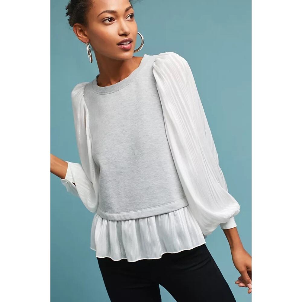 Akemi + Kin Gray & White Pleated Long Sleeve Mixed Media Blouse Womens XS